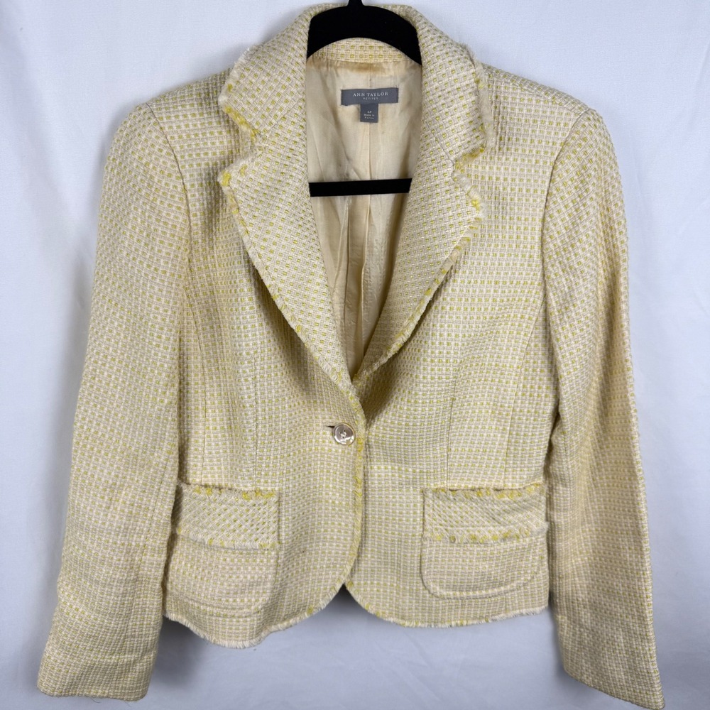 Ann Taylor Butter Yellow Tweed Raw Hem Blazer 4 Preppy Old Money Pastel Coquette